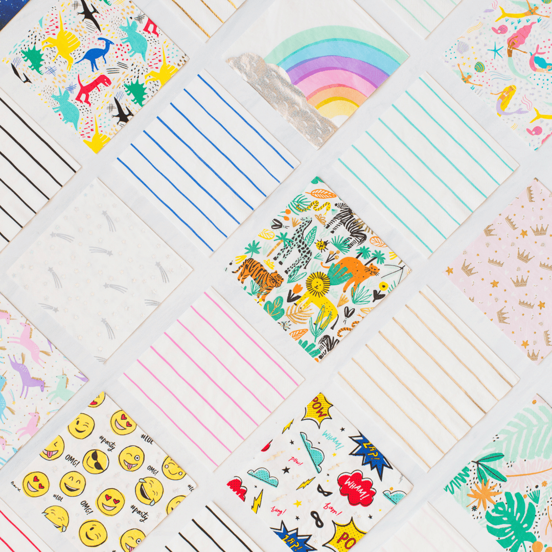 Paper napkins in different colors, patterns, and party themes.