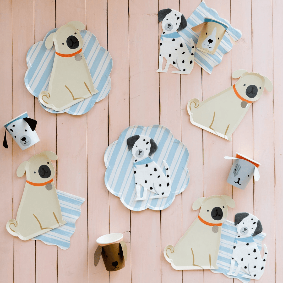 Puppy party supplies for a puppy theme birthday party.