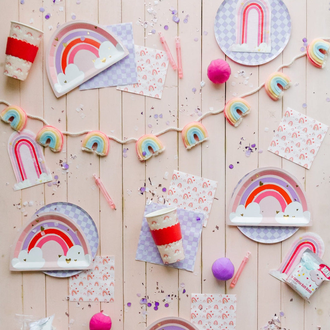 Rainbow party supplies for a rainbow theme party.