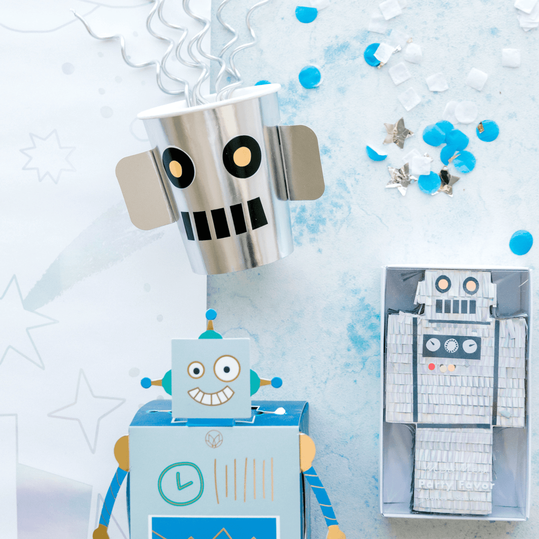 Robot party supplies for a robot theme party.
