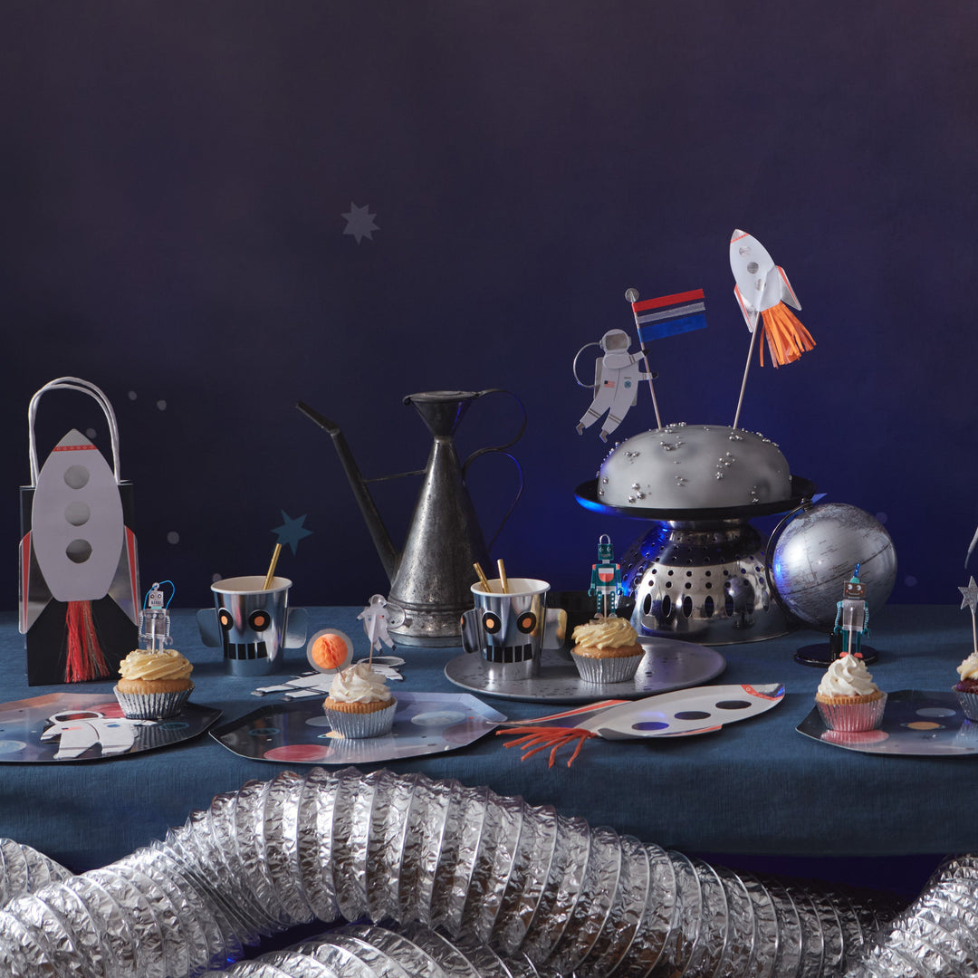Space theme party supplies for a space theme birthday party.