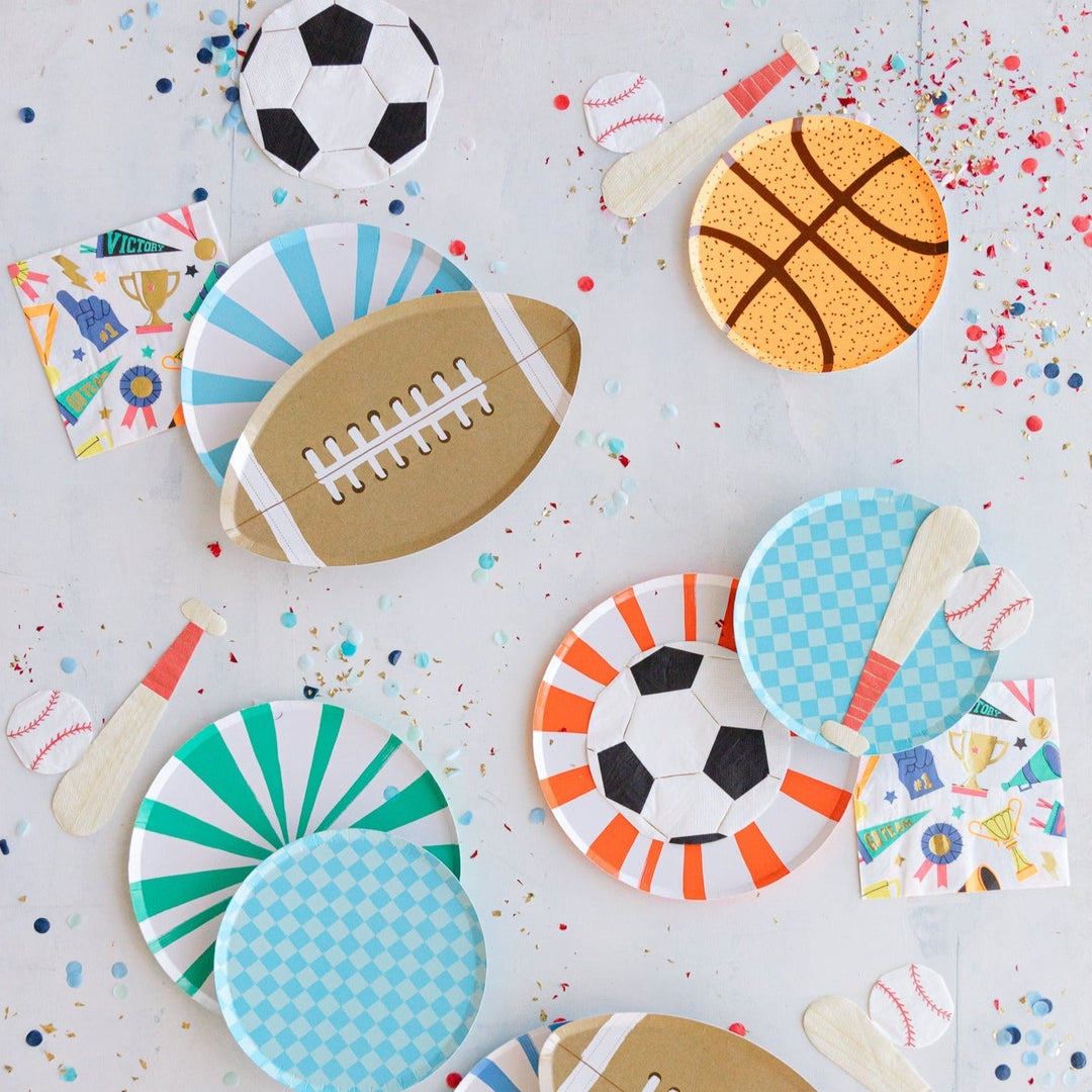 Sports party supplies to use for any sports theme party or sports theme birthday party.