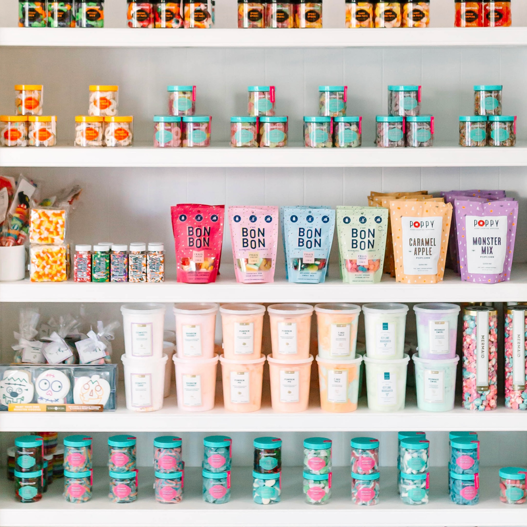 Shelves filled with different premium candy perfect for parties and gifts