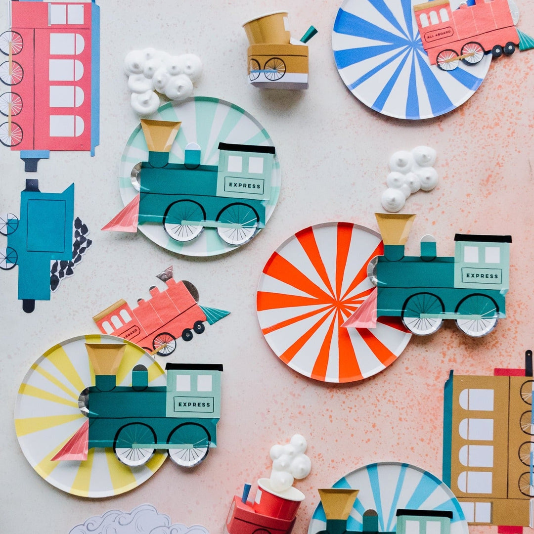 Train party supplies for a train theme party or train theme birthday party.