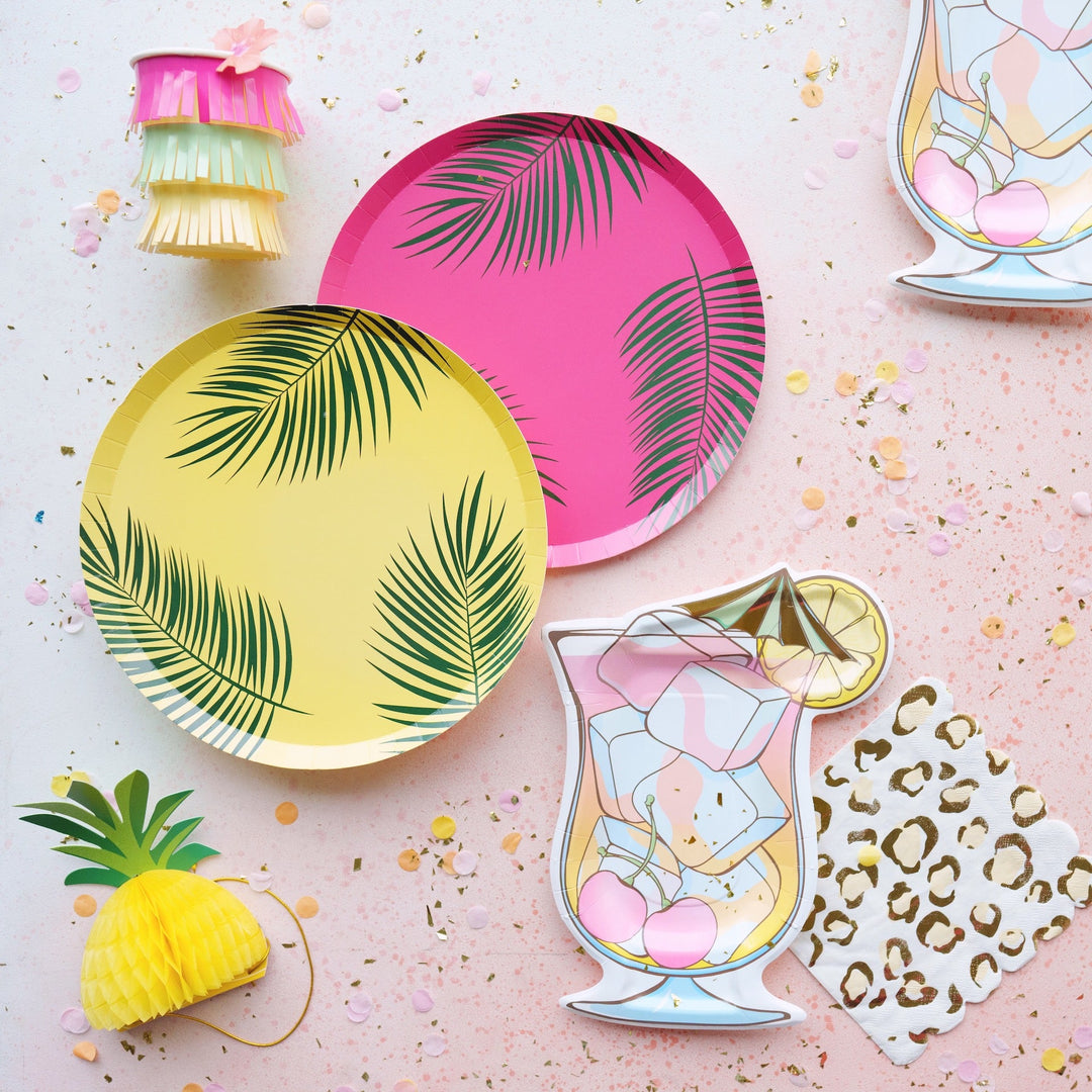 Tropical party supplies for a tropical luau party.