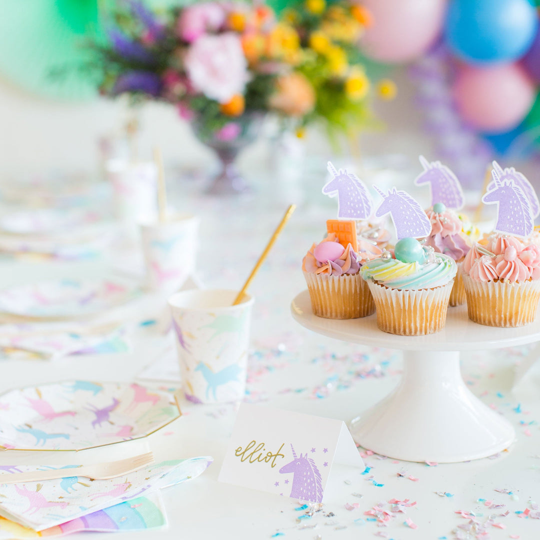 Unicorn party supplies used for a unicorn theme party.