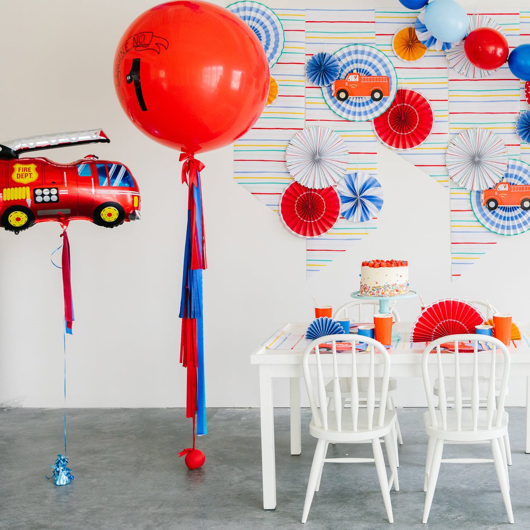 Vehicle theme party ideas for a fire truck party, car theme party, or any vehicle party.