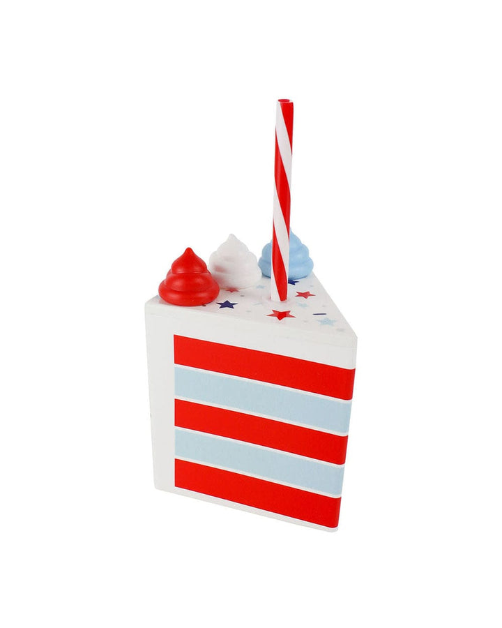 Single patriotic cake slice cup with red, white, and blue frosting and a striped straw