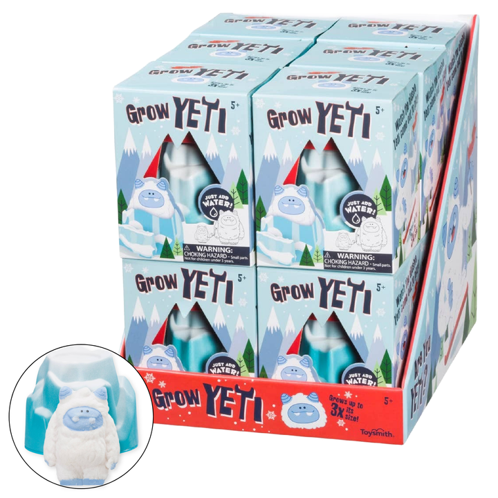 Grow Yeti boxes in a store display case, just add water hatching toys for winter stocking stuffers