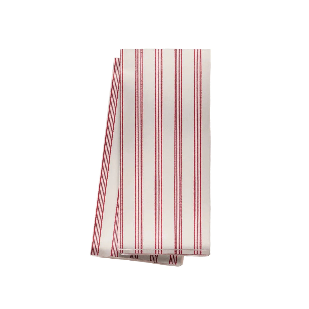 Rifle Paper Co French stripe tissue paper folded, crimson ticking stripes on cream for holiday gift wrapping
