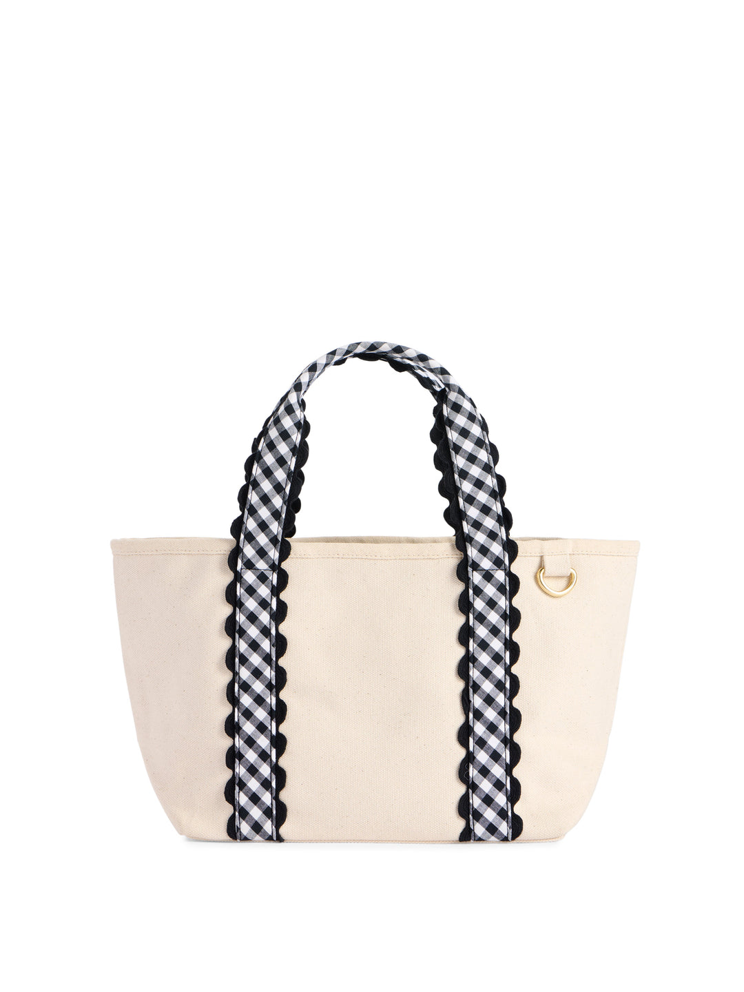 A cream canvas tote bag with black and white gingham patterned shoulder straps featuring black scalloped edges, shown against a plain white background.