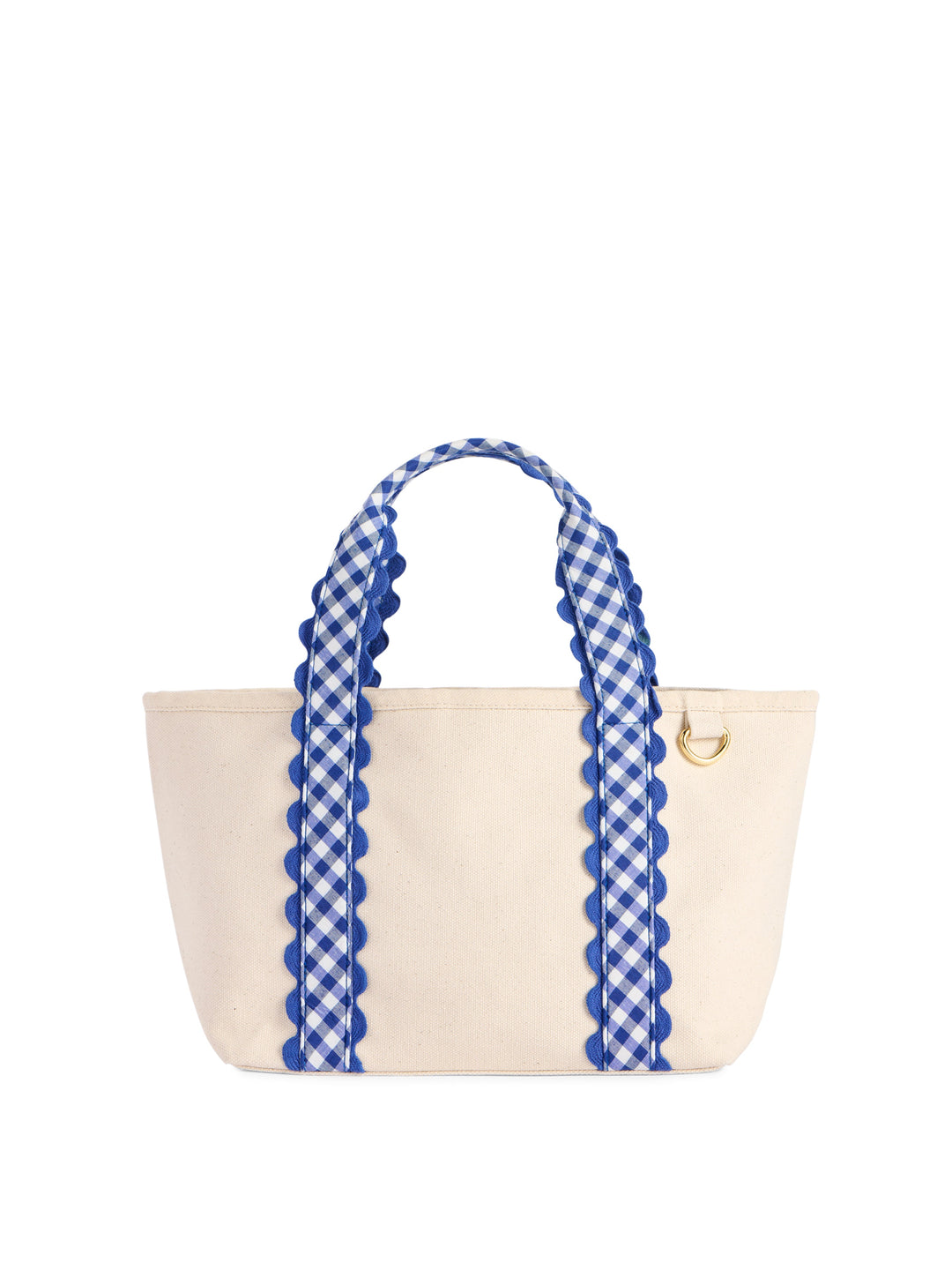 An off-white canvas tote bag with blue and white gingham patterned handles trimmed in blue scalloped edges, featuring a small gold metal D-ring on the side.