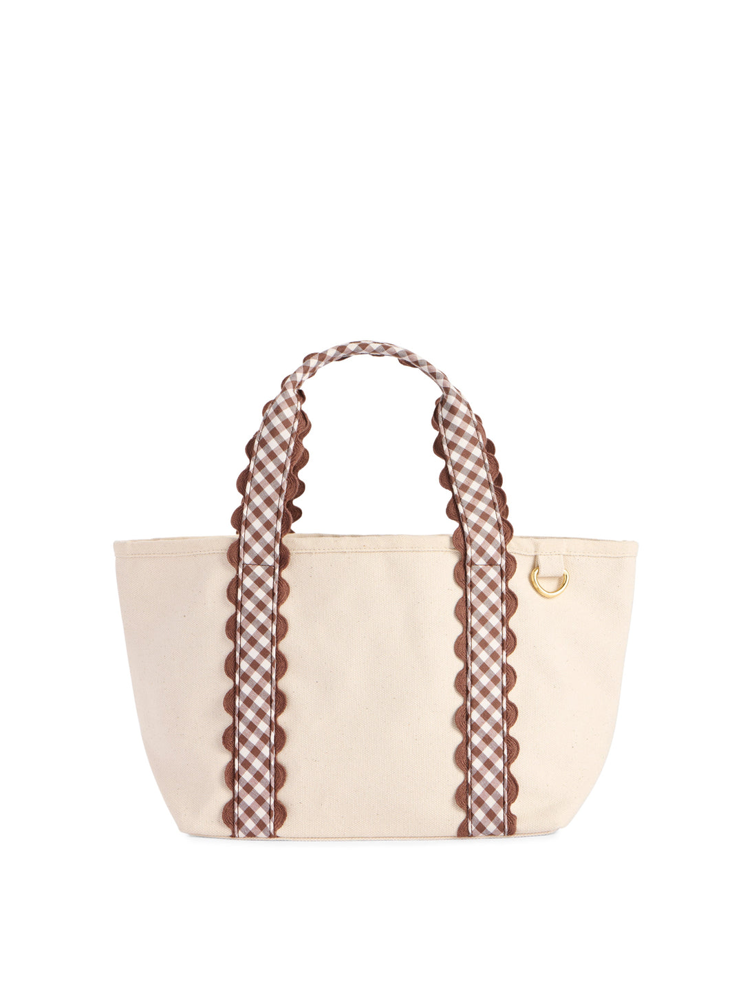 A cream canvas tote bag with brown and white gingham patterned handles and trim, featuring scalloped edges and a small gold metal D-ring, shown on a plain white background.