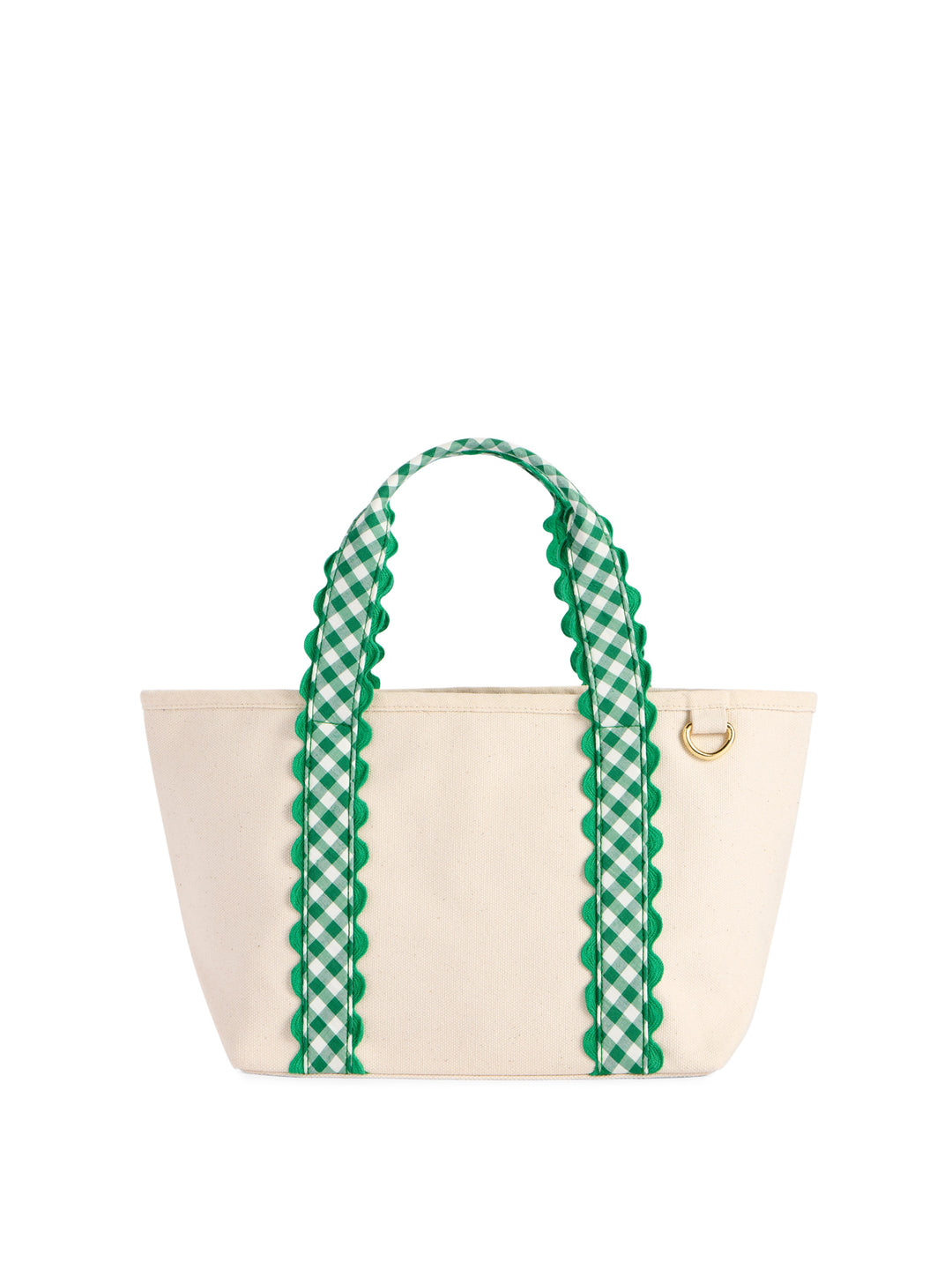 An off-white canvas tote bag with green and white gingham patterned handles featuring green scalloped edges, and a small gold-tone D-ring on the right side.