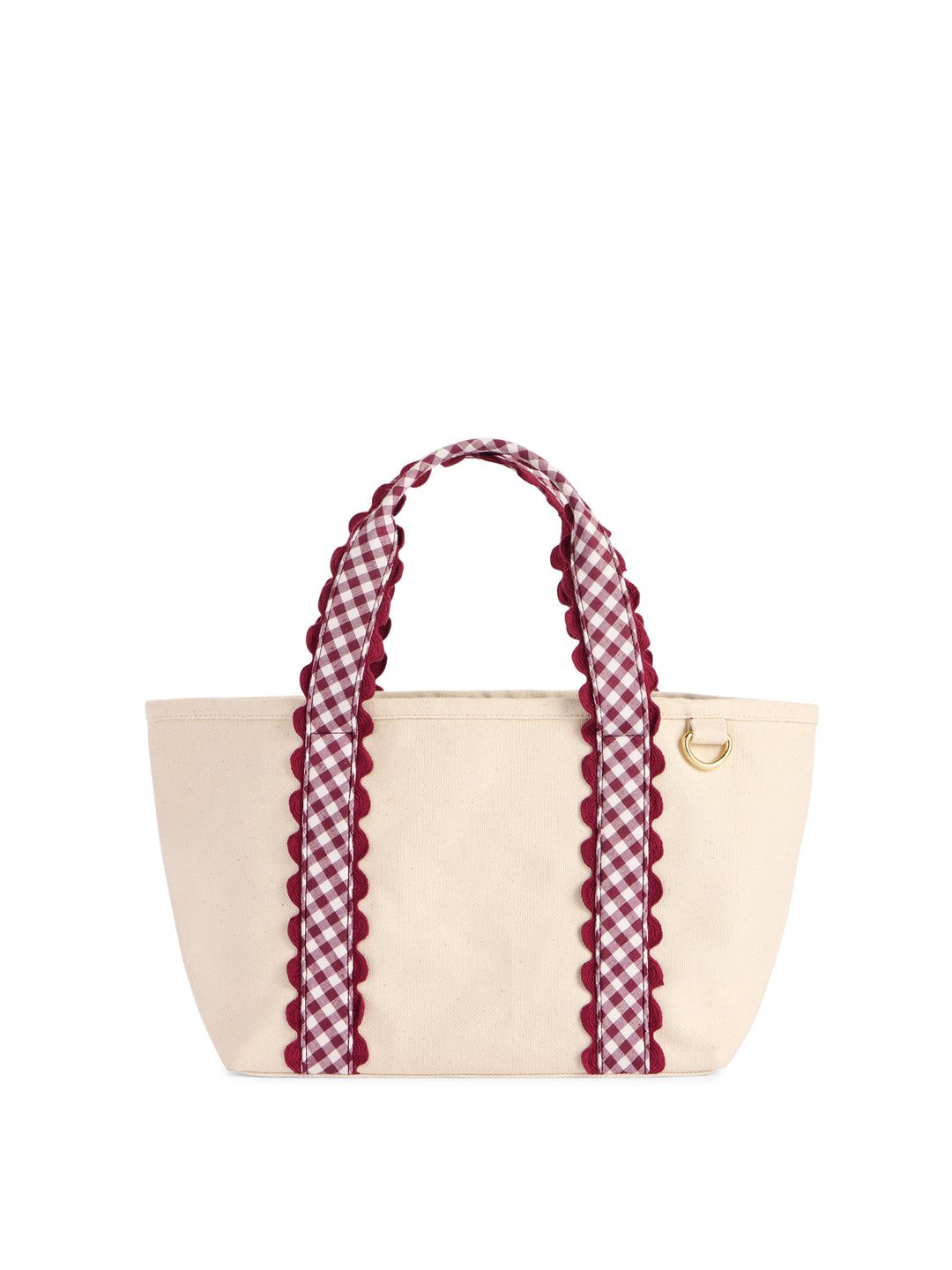 Beige tote bag with red and white checkered handles on a white background