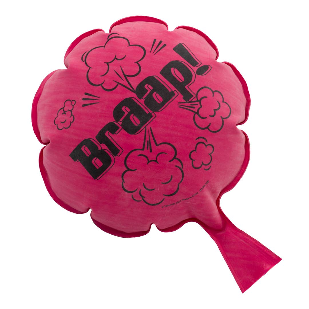 Inflated pink whoopee cushion with comic cloud print, the classic prank toy for stocking stuffers