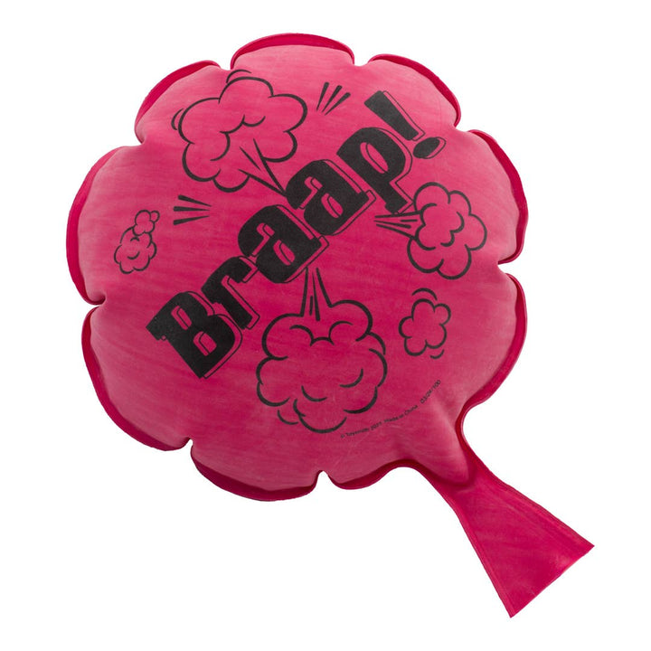 Inflated pink whoopee cushion with comic cloud print, the classic prank toy for stocking stuffers