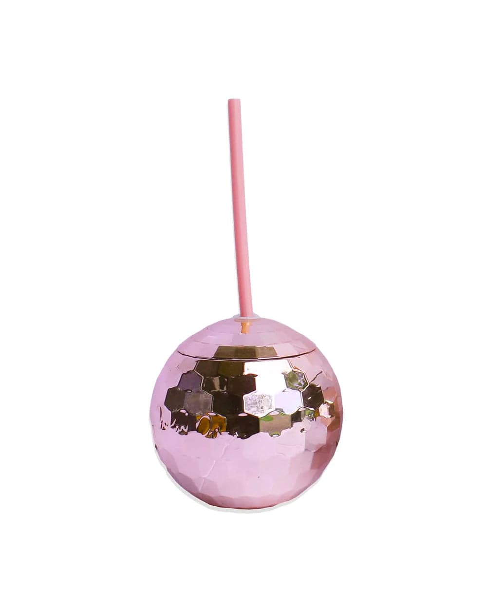 Single pink disco ball cup with a pink straw on a white background