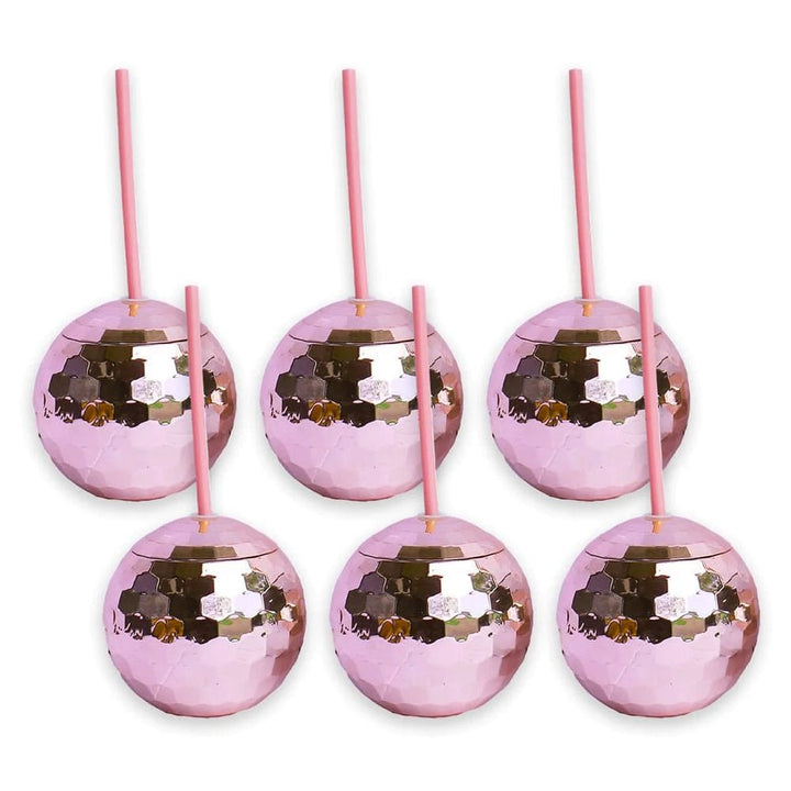Set of 6 pink disco ball cups with pink straws on a white background