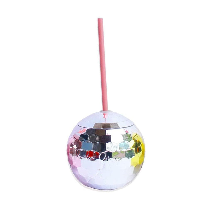 Single silver disco ball cup with a pink straw on a white background