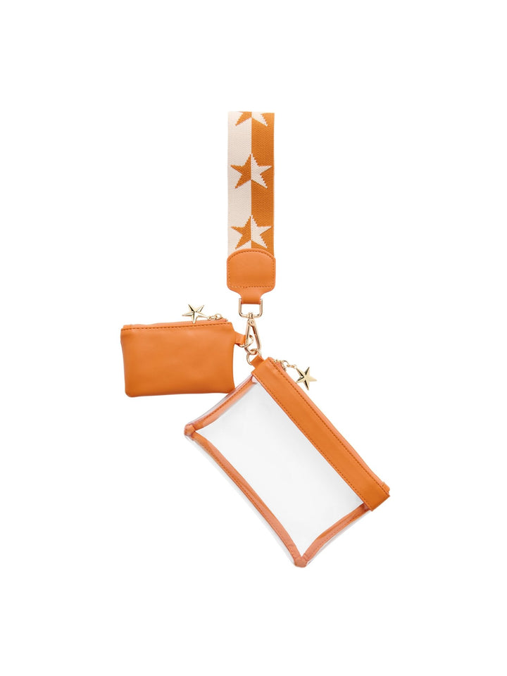 Orange keychain with stars and white accents.