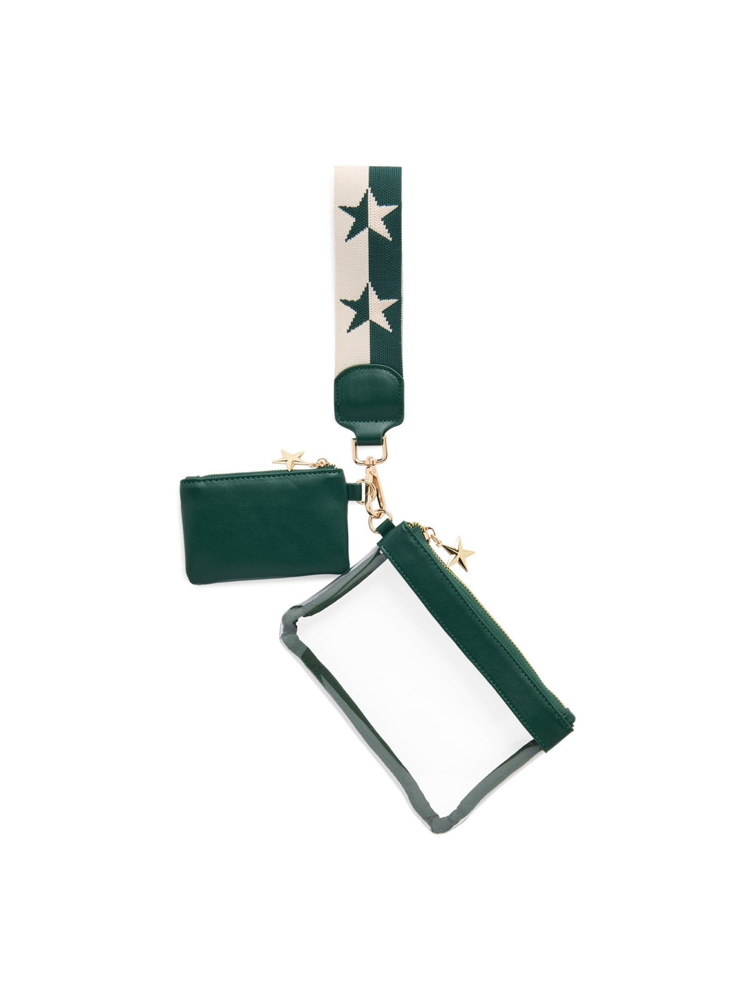 A black and white star-patterned wristlet strap with gold-tone hardware, attached to a clear zippered pouch and a small black pouch, shown on a plain white background.