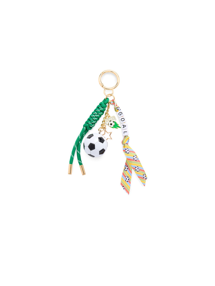 Goal soccer bag charm with a mini soccer ball and letter beads on white