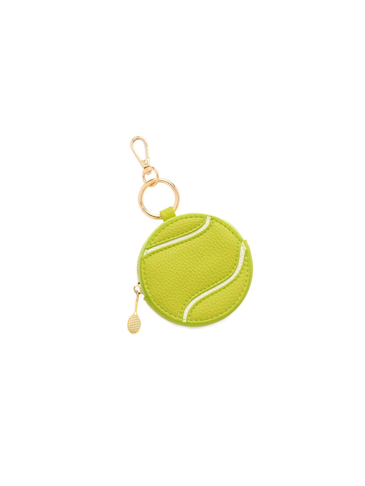 A lime green tennis ball-shaped zipper pouch keychain with gold-tone hardware, shown on a plain white background.