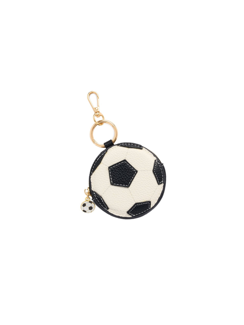 A round soccer ball keychain pouch with a black and white pattern, featuring a gold-tone clasp and a small dangling soccer ball charm, set against a plain white background.