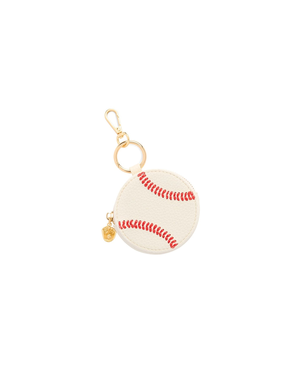 A baseball-themed coin purse keychain with a cream-colored faux leather body, red stitched details, a gold-tone split ring, lobster clasp, and small dangling gold charm, shown on a plain white background.
