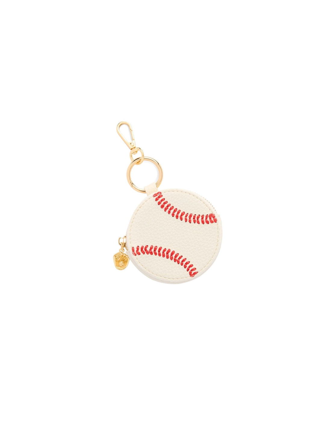 A baseball-themed coin purse keychain with a cream-colored faux leather body, red stitched details, a gold-tone split ring, lobster clasp, and small dangling gold charm, shown on a plain white background.