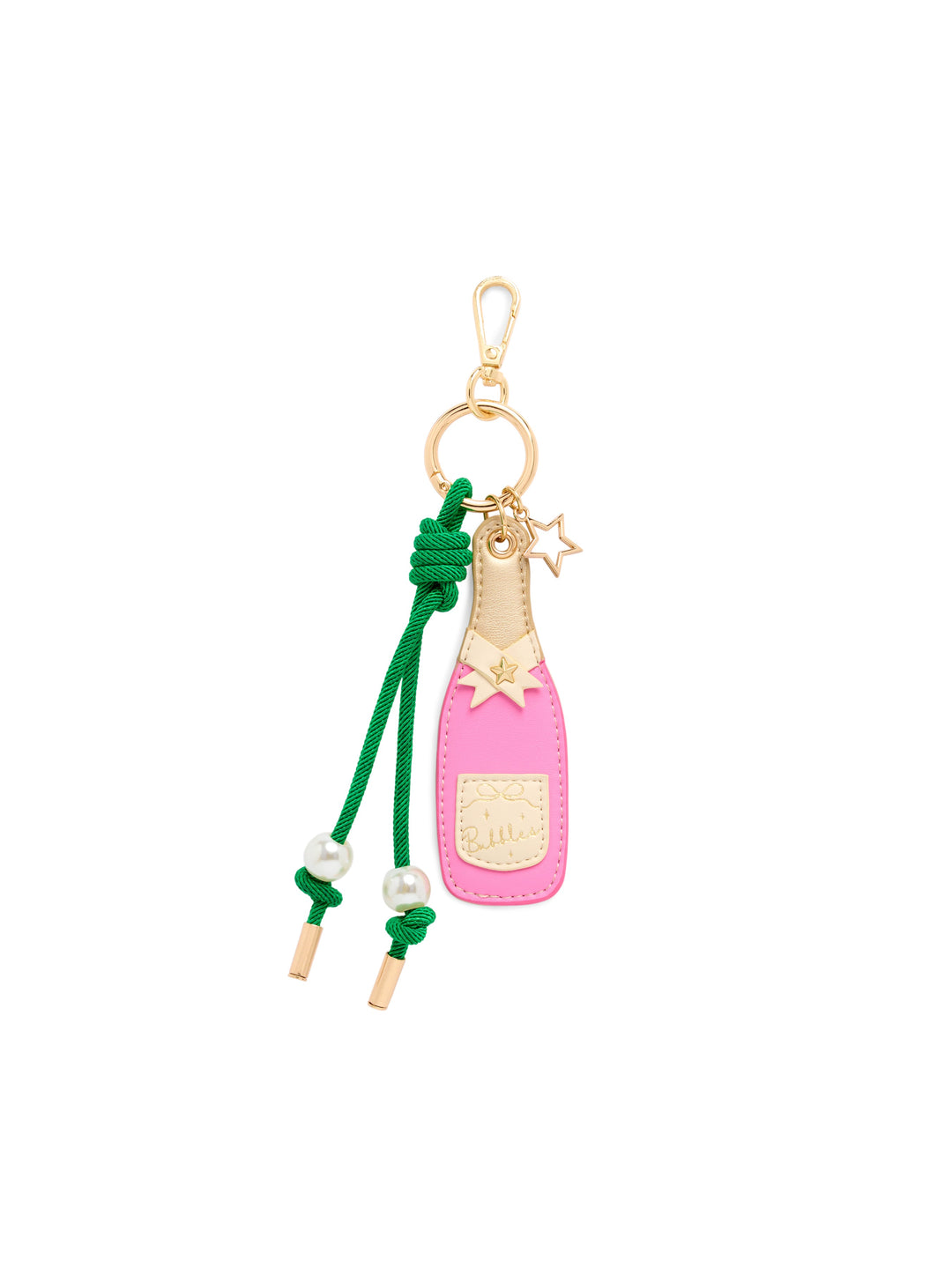 A pink champagne bottle charm keychain with a green cord, gold-tone metal hardware, and small pearl beads on a plain white background.