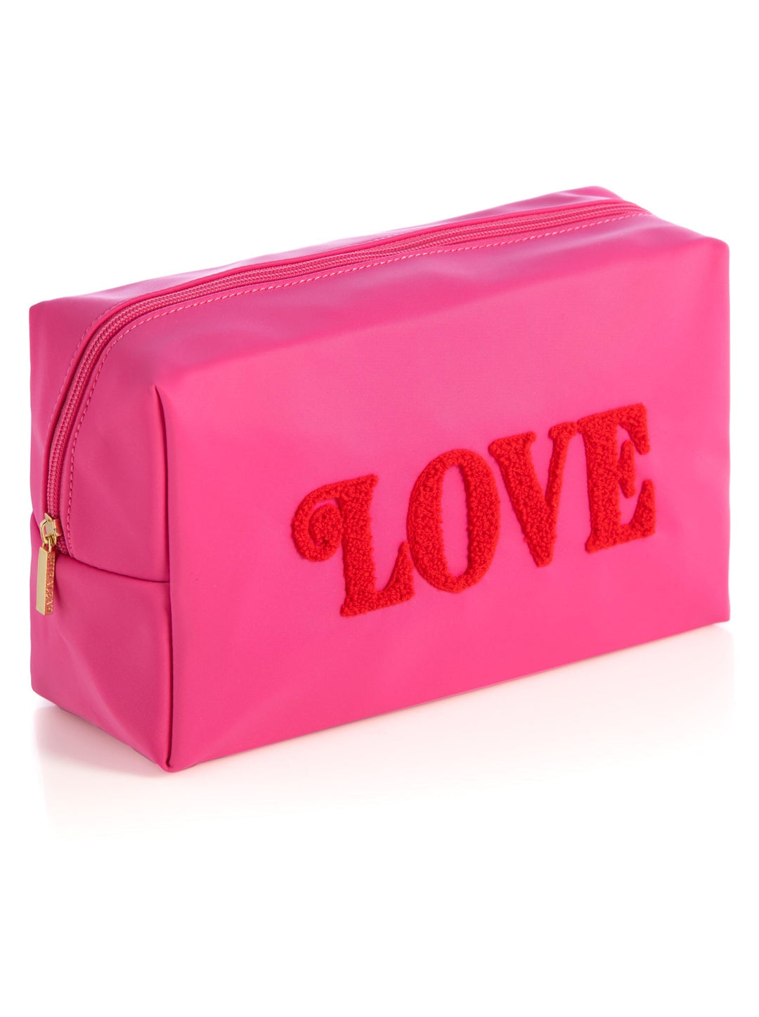 Hot pink Shiraleah Cara makeup bag with raised red LOVE sherpa lettering, angled product view