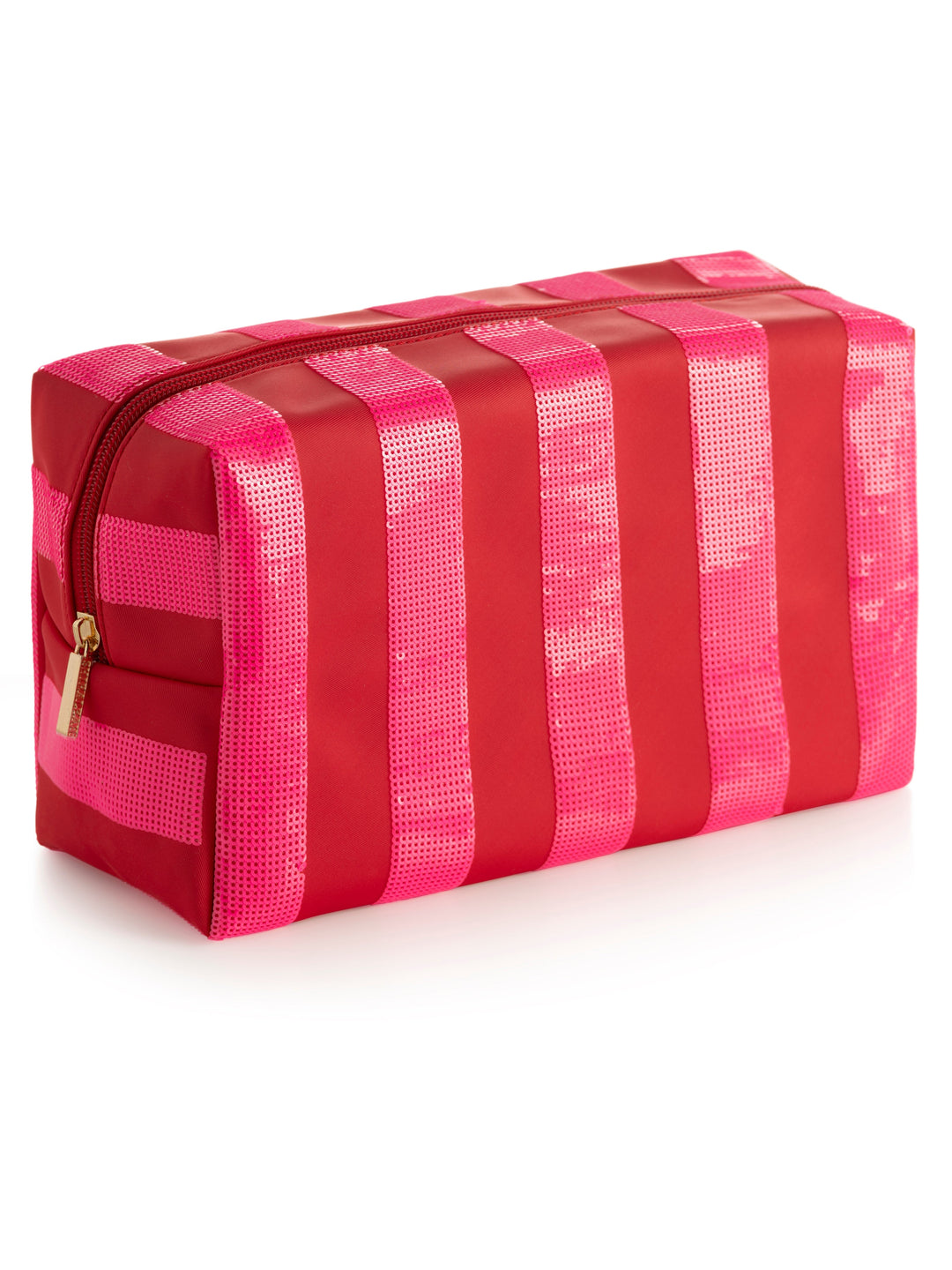 A rectangular makeup bag with vertical stripes in red and bright pink, featuring a gold zipper pull, shown on a plain white background.