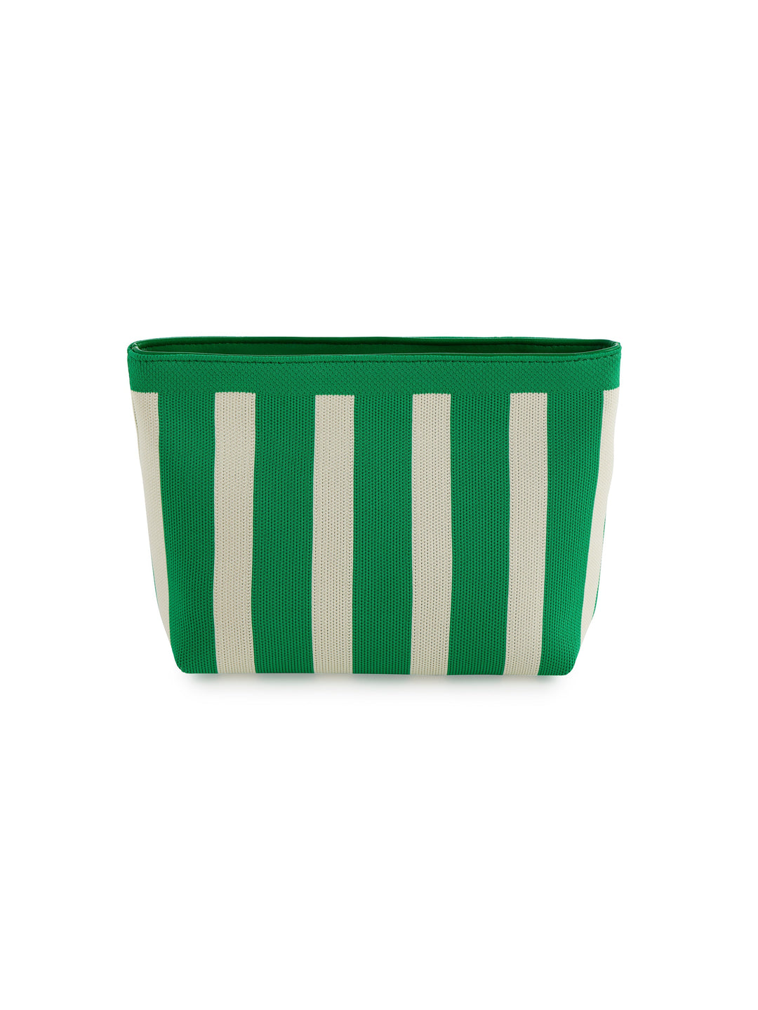 Green and white striped fabric basket on a white background