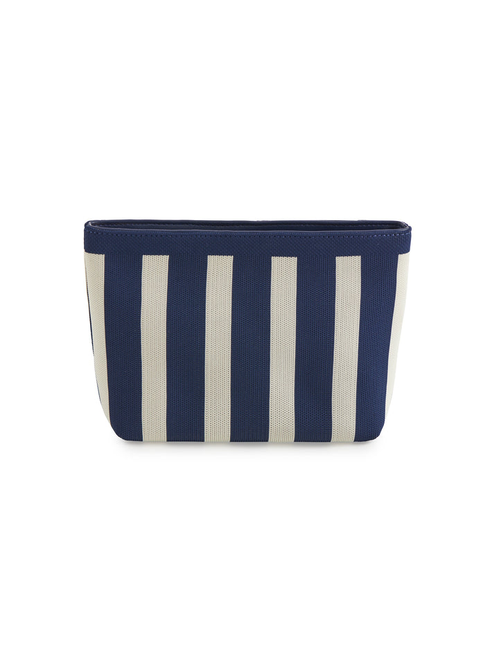 A small zippered pouch with vertical navy blue and off-white stripes, shown against a plain white background.