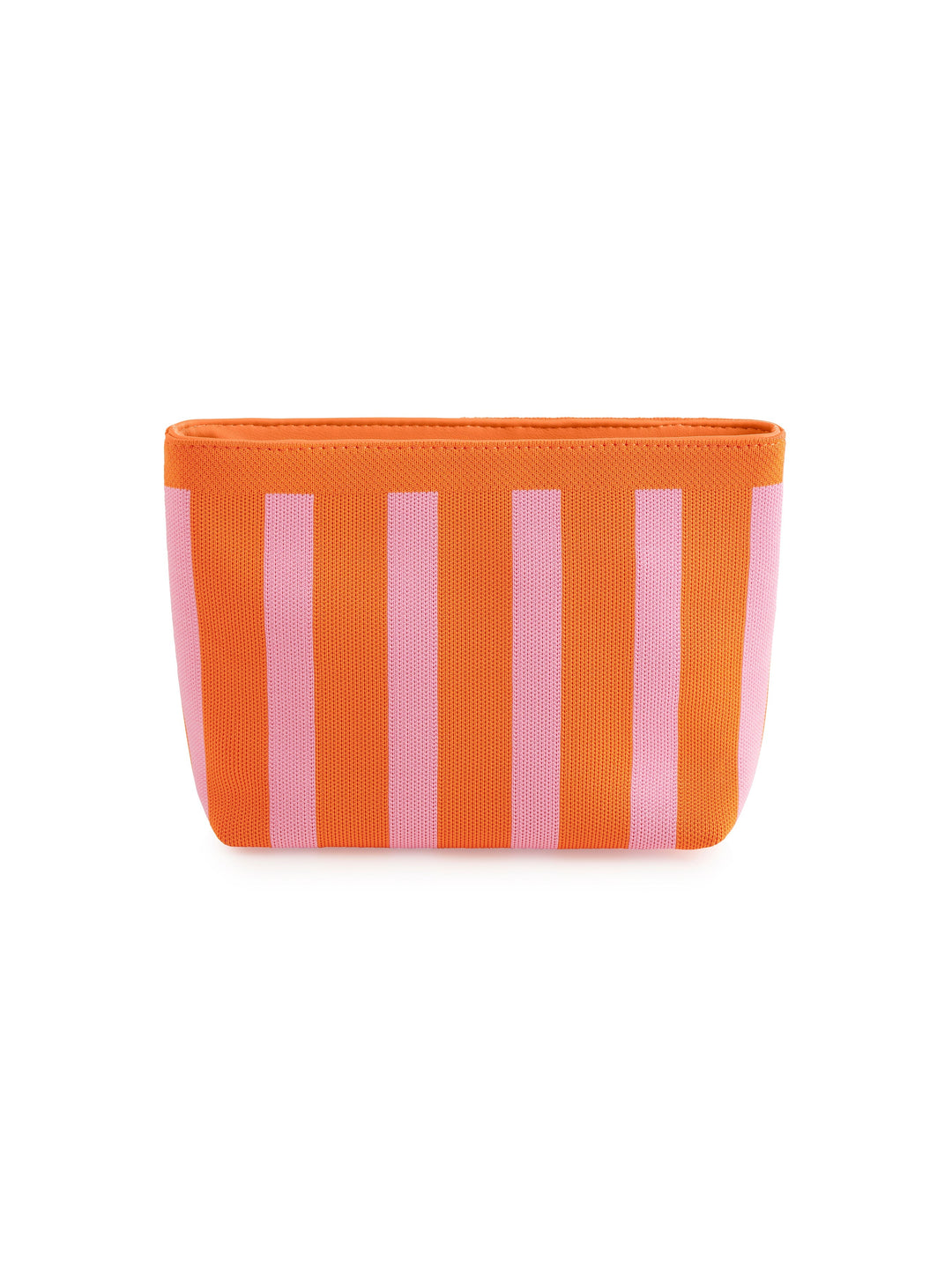 An orange zippered pouch with vertical pink stripes, shown against a plain white background.