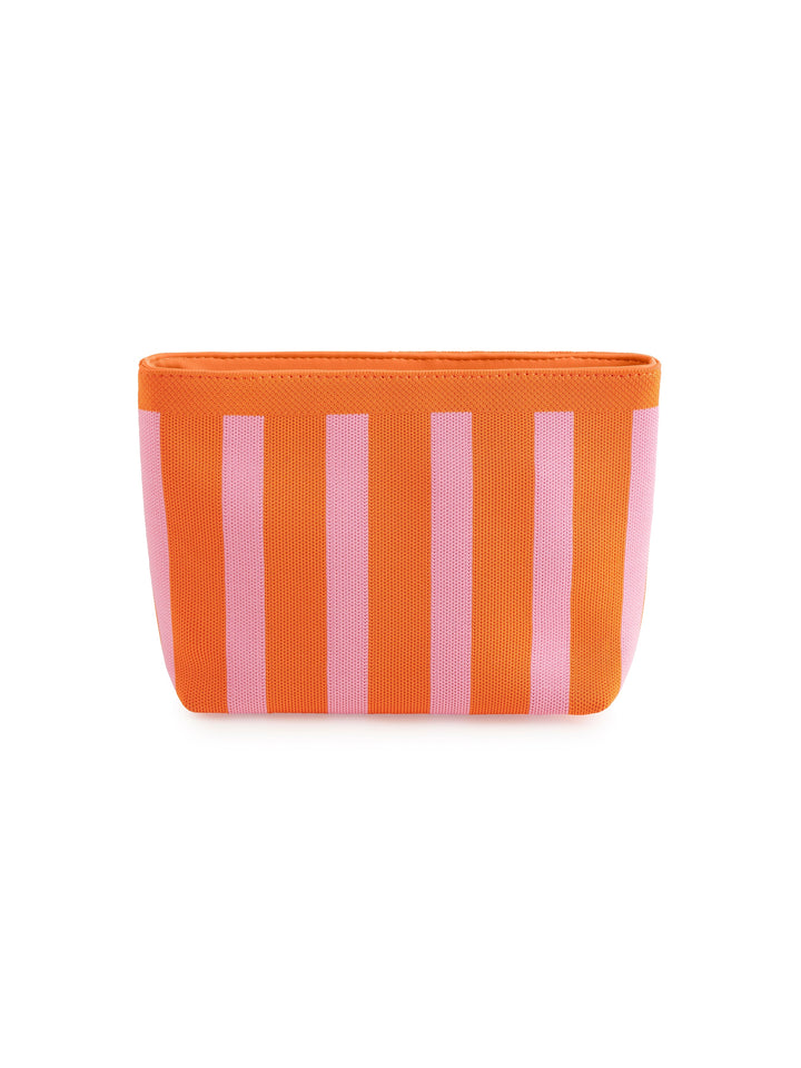 An orange zippered pouch with vertical pink stripes, shown against a plain white background.