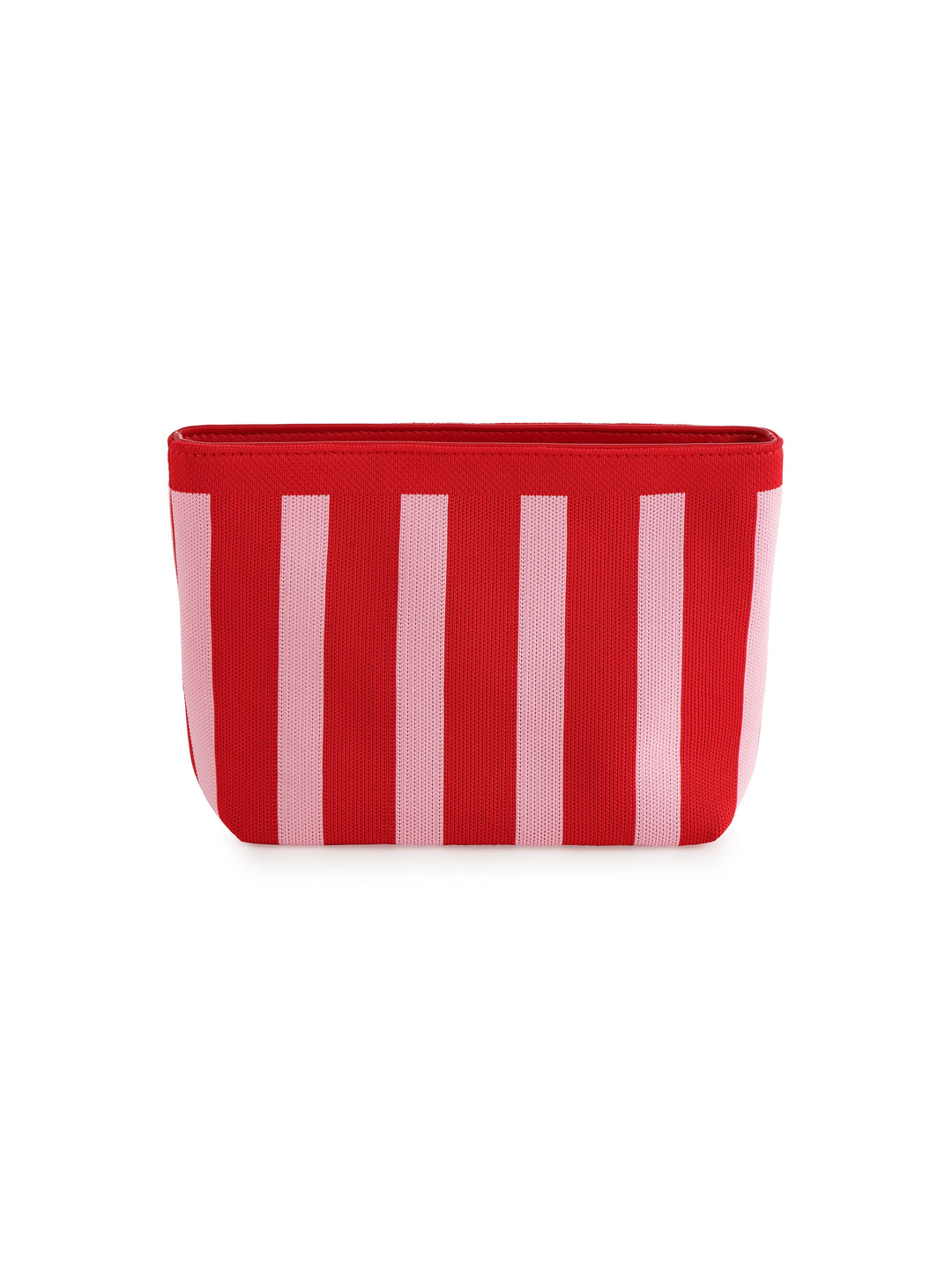 A red zippered pouch with vertical light pink stripes, shown against a plain white background.