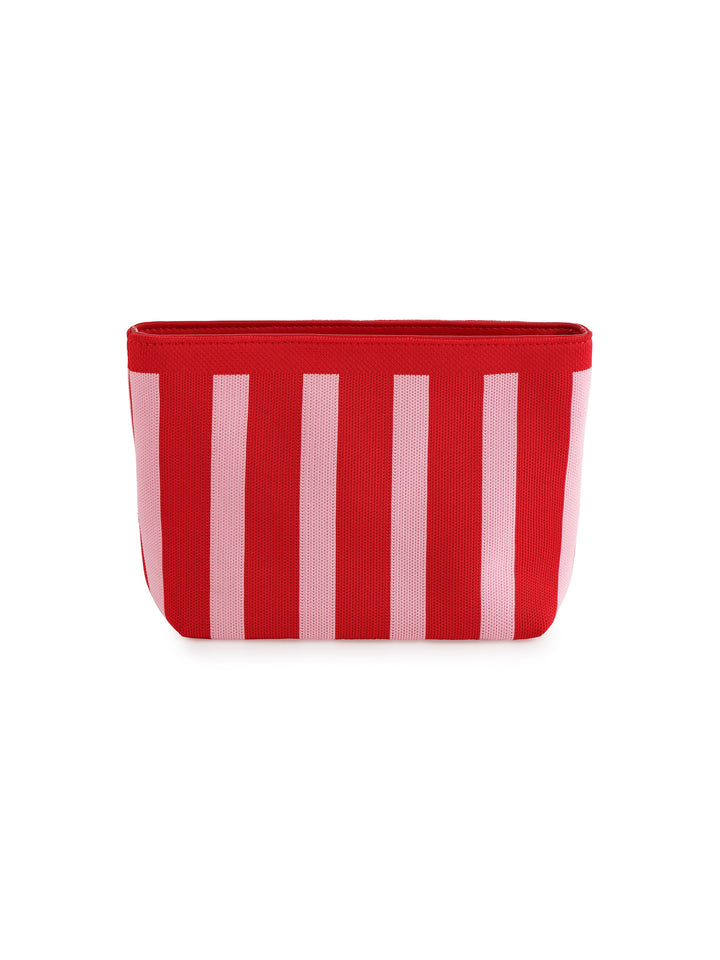 A red zippered pouch with vertical light pink stripes, shown against a plain white background.