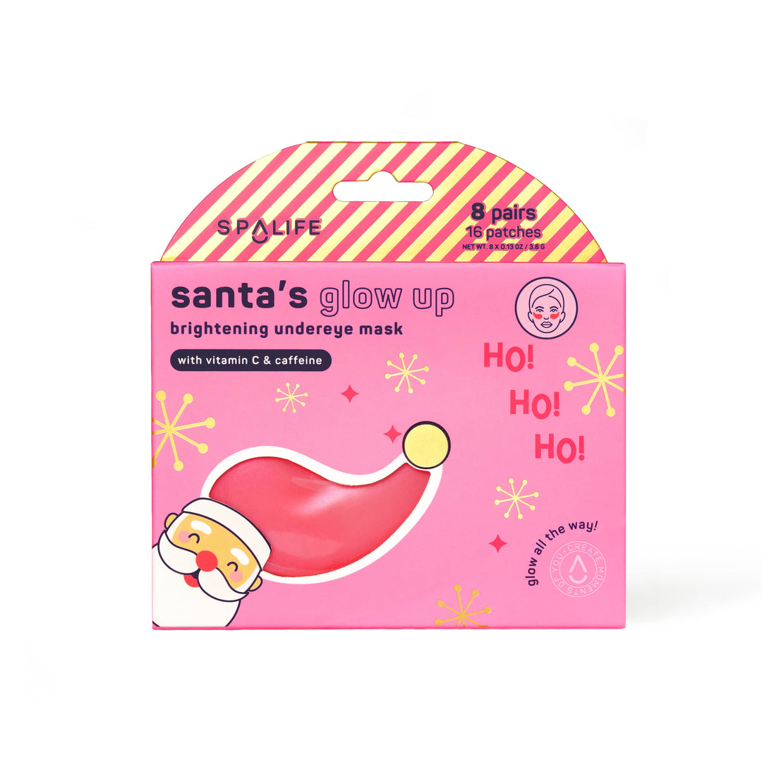 Santa's Glow Up brightening under eye mask box in pink with a striped Santa hat patch, a merry stocking stuffer
