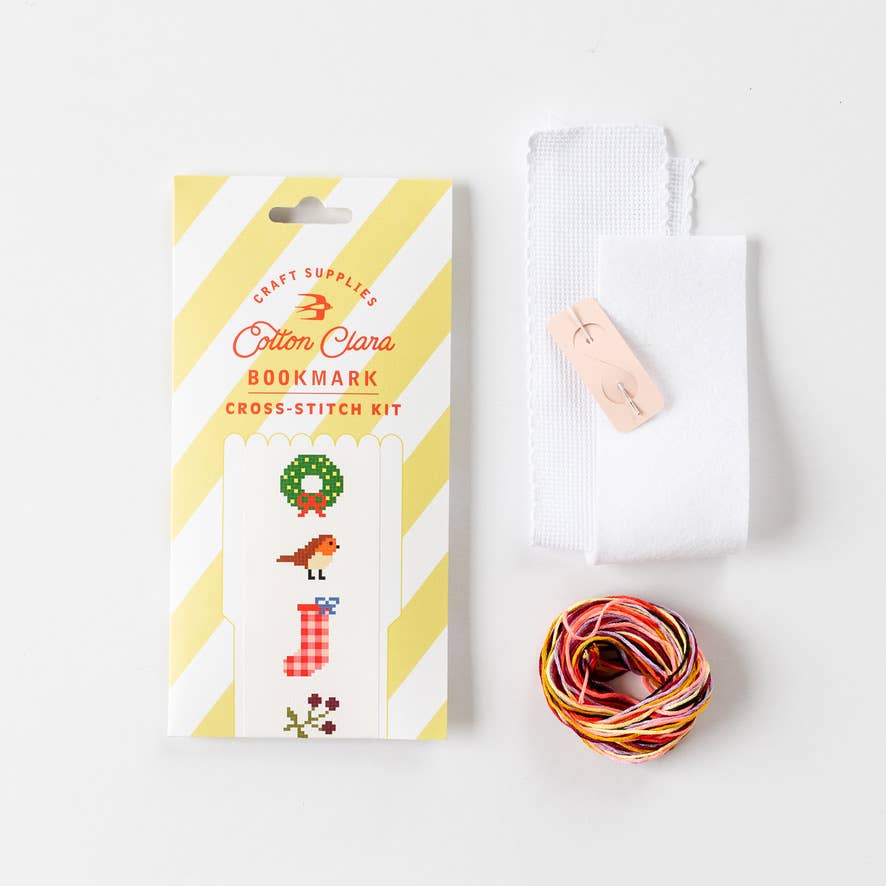 Christmas bookmark cross stitch kit packet with aida strip, felt, and thread