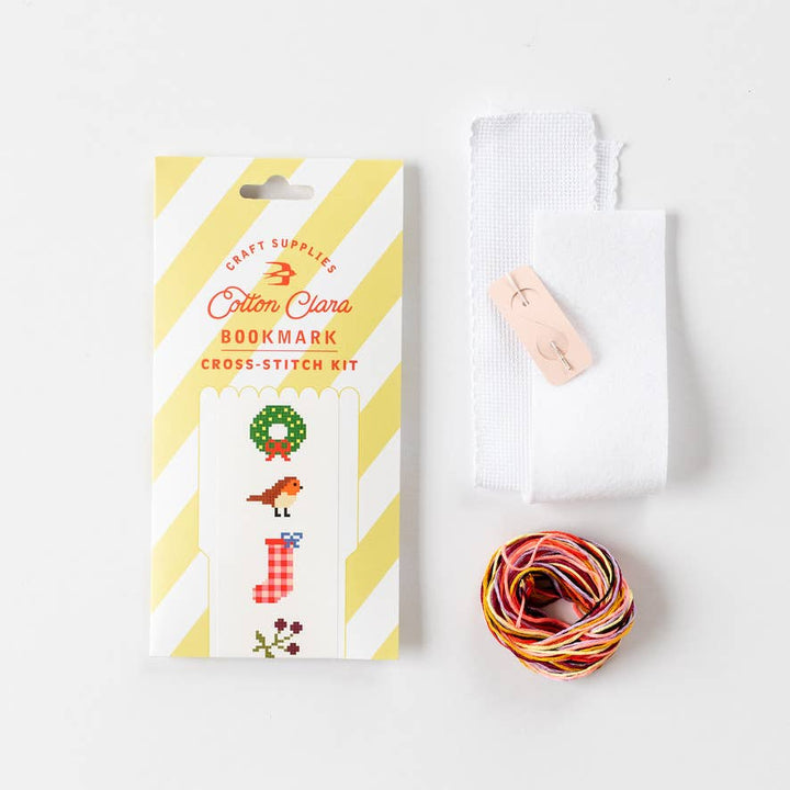 Christmas bookmark cross stitch kit packet with aida strip, felt, and thread