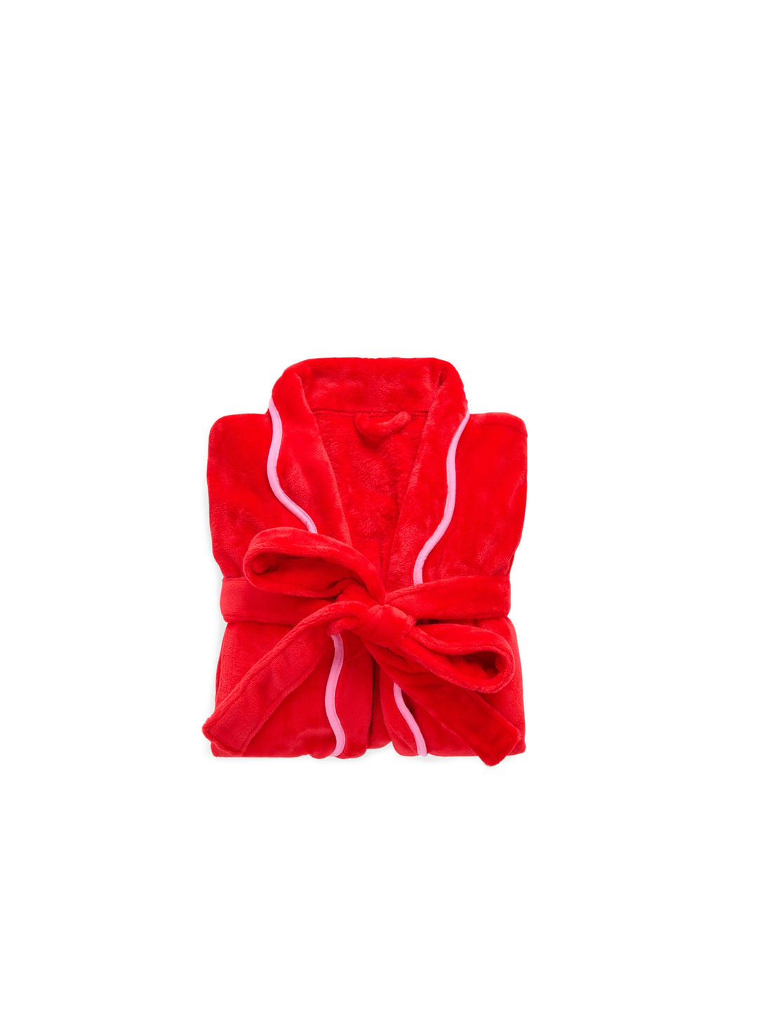 Folded red plush robe with pink scalloped trim