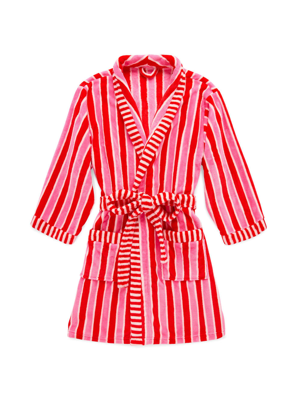 Pink and red holly stripe robe laid flat on white