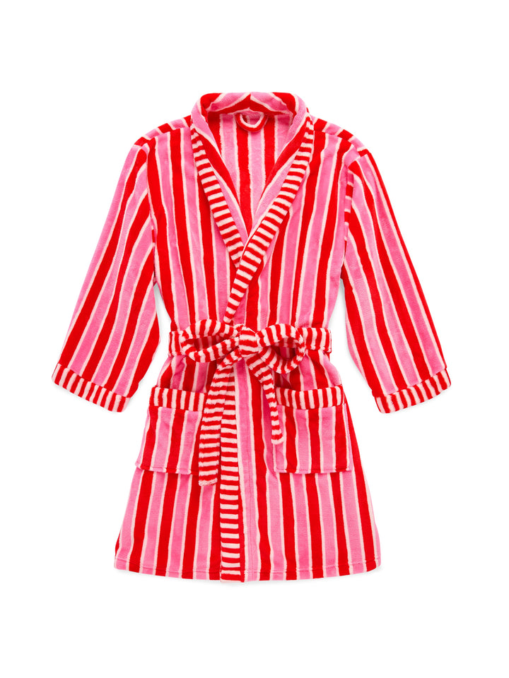 Pink and red holly stripe robe laid flat on white