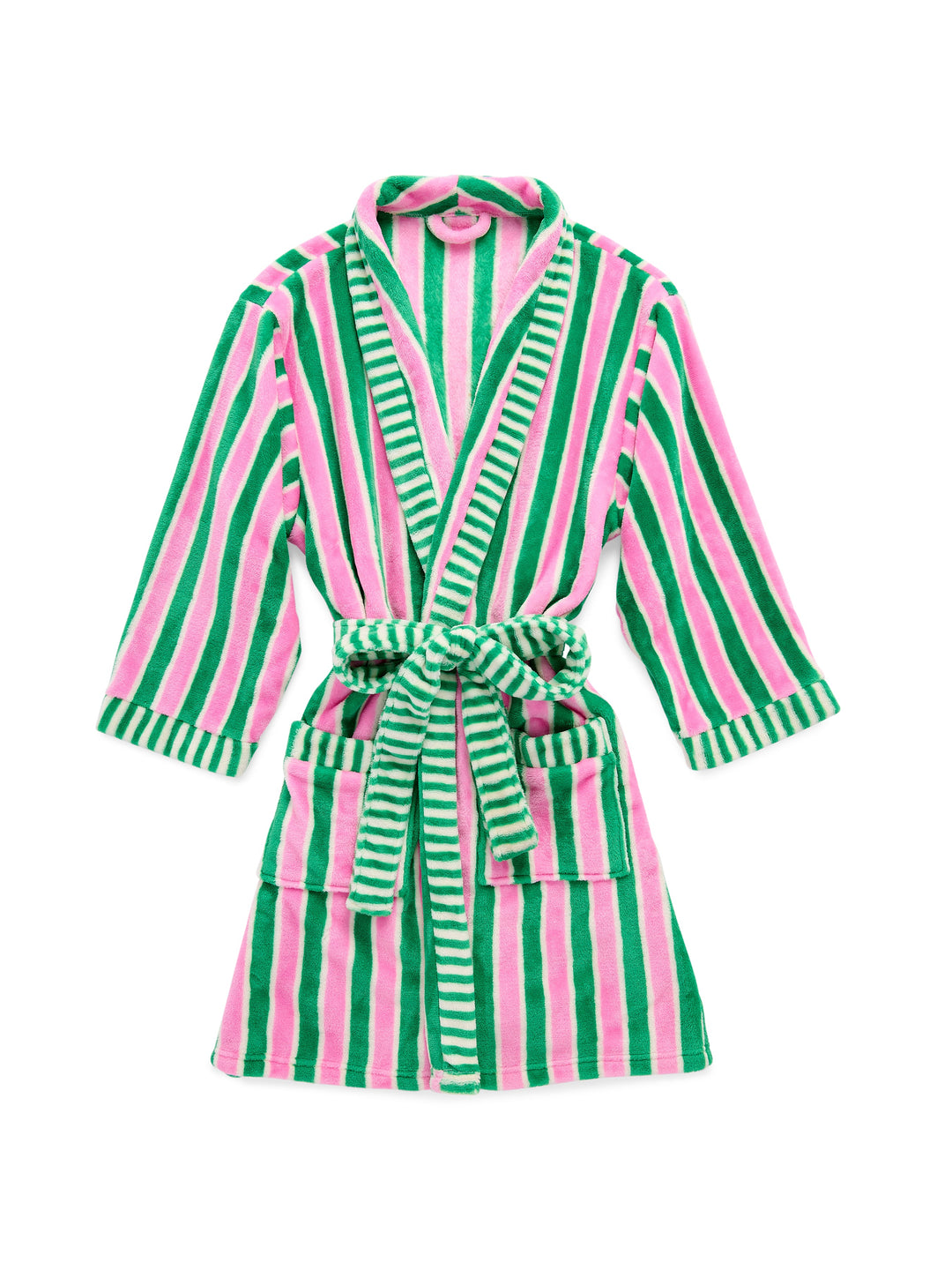 Pink and green holly stripe robe laid flat on white