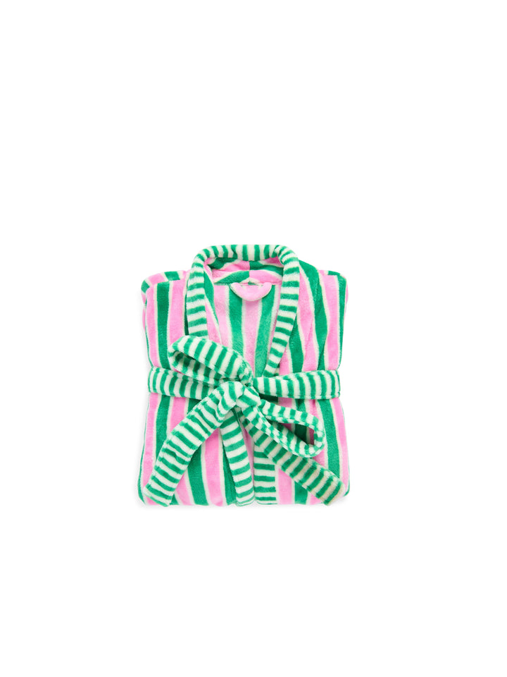 Folded pink and green holly stripe robe