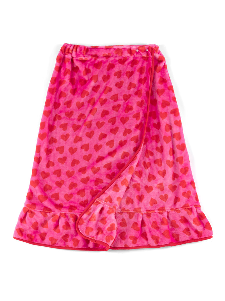 Pink bath wrap with red heart print on white