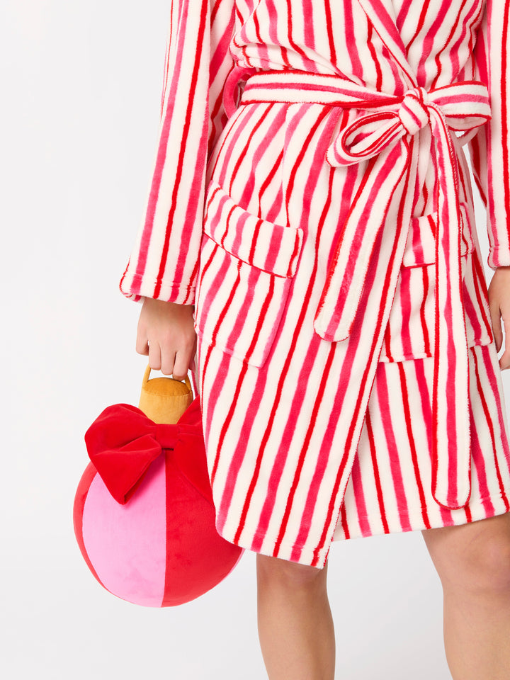 Close-up of the candy stripe robe tie belt and pocket